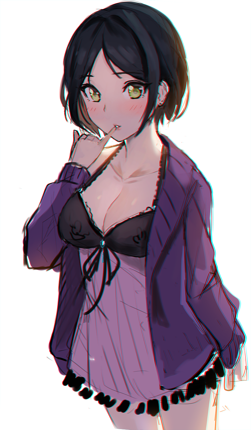 1girl babydoll backlighting black_hair blush breasts cardigan chromatic_aberration cleavage collarbone deneb_(noble324) eyebrows_visible_through_hair green_eyes hand_up hayami_kanade highres idolmaster idolmaster_cinderella_girls medium_breasts open_cardigan open_clothes parted_lips pinky_to_mouth short_hair simple_background sketch solo white_background