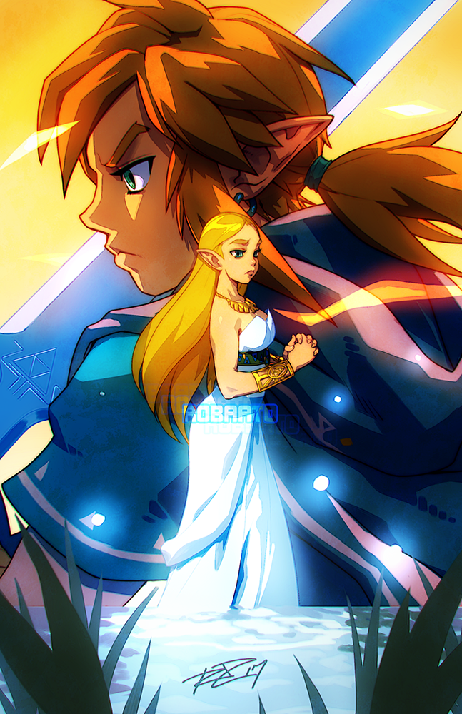 1boy 1girl blonde_hair bracer brown_hair cloak dress green_eyes jewelry link necklace pointy_ears princess_zelda robert_porter serious the_legend_of_zelda the_legend_of_zelda:_breath_of_the_wild white_dress