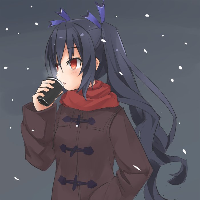 1girl alternate_costume black_hair casual coat coffee coffee_cup contemporary cup himajin_(starmine) long_hair neptune_(series) noire red_eyes scarf solo steam twintails winter_clothes winter_coat
