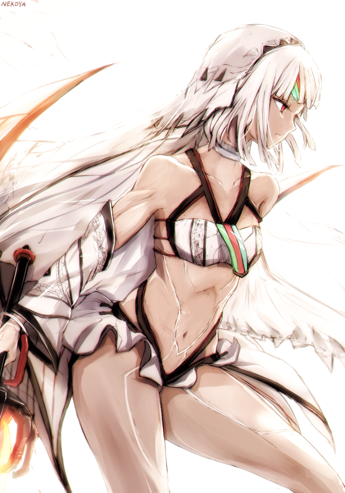 1girl altera_(fate) bandeau bangs bare_shoulders blunt_bangs breasts choker collarbone cowboy_shot dark_skin detached_sleeves dyolf fate/extella fate/extra fate/grand_order fate_(series) from_side holding holding_sword holding_weapon long_sleeves looking_away navel parted_lips profile red_eyes revealing_clothes short_hair silver_hair small_breasts solo stomach sword thighs veil weapon