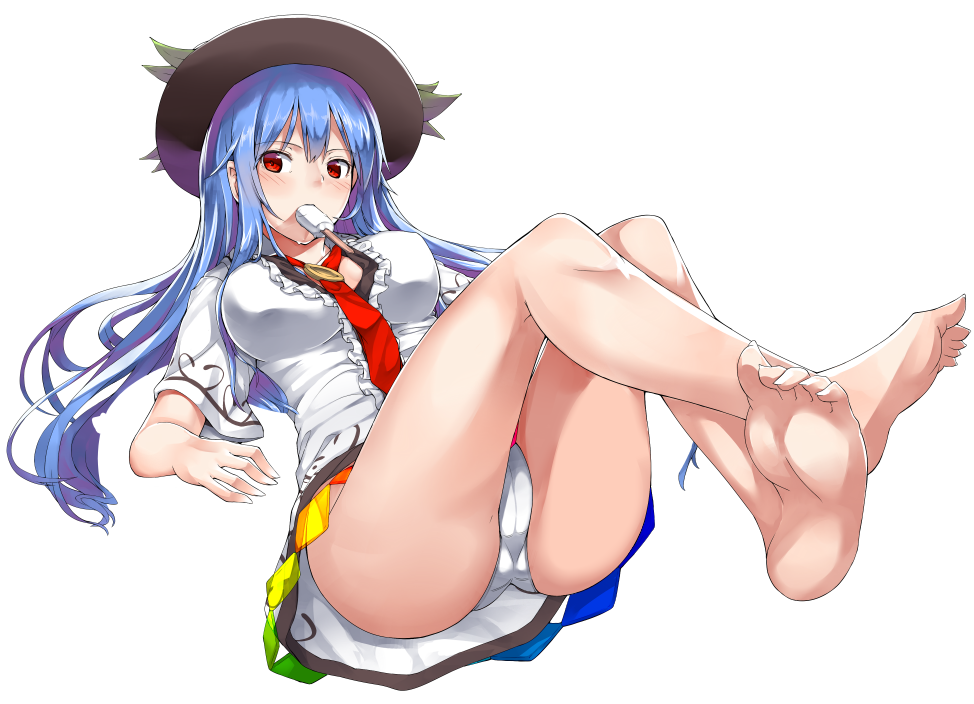 1girl barefoot blue_hair breasts error feet food hat hinanawi_tenshi ice_cream large_breasts long_hair long_legs neropaso panties pantyshot red_eyes solo touhou underwear white_panties