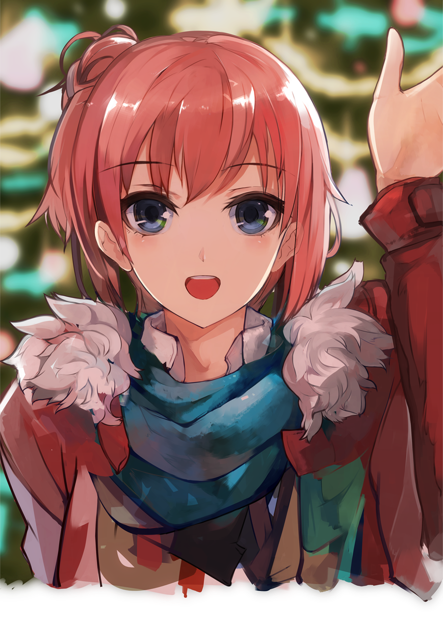 1girl blue_eyes face fur_trim highres jacket looking_at_viewer official_style one_side_up open_mouth orange_hair pupps scarf short_hair solo upper_body waving yahari_ore_no_seishun_lovecome_wa_machigatteiru. yuigahama_yui