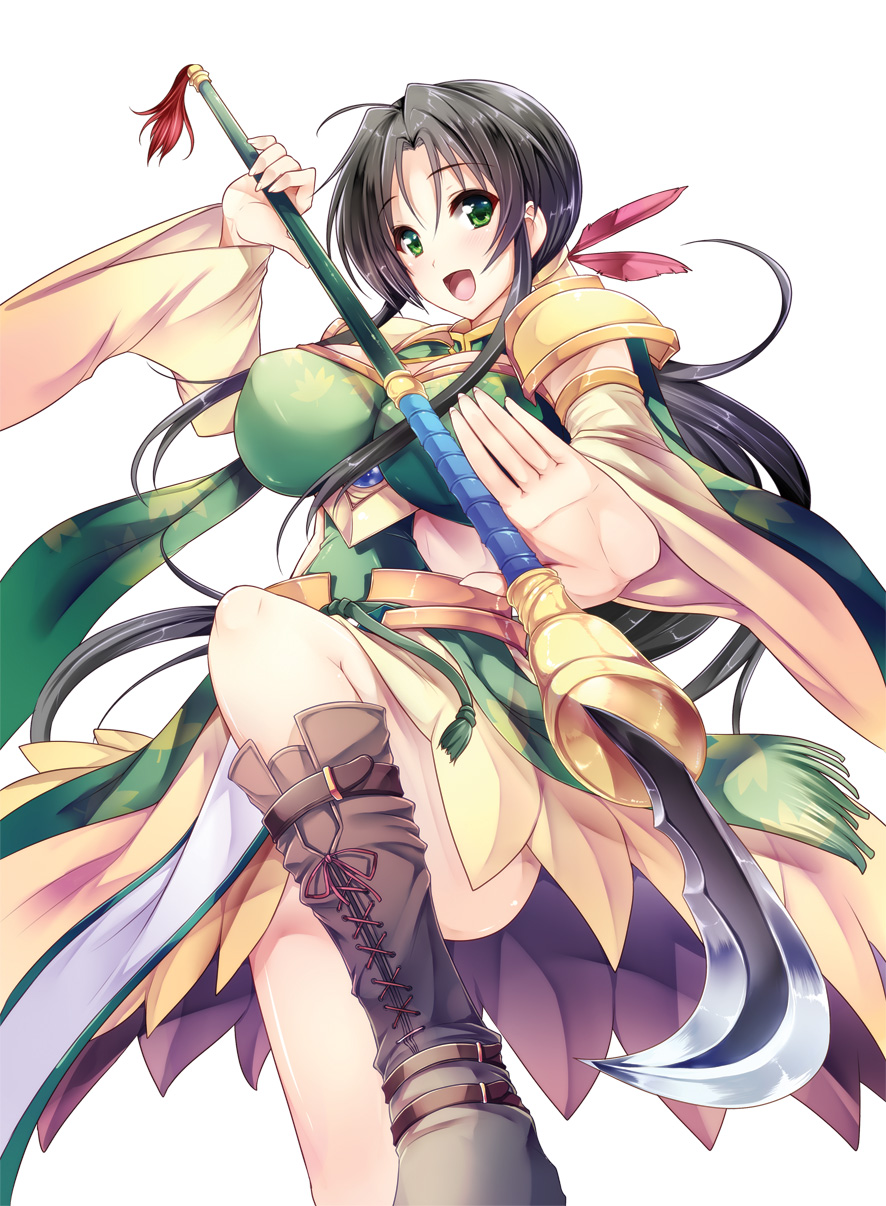 1girl :d ahoge black_hair blush boots breasts brown_boots cross-laced_footwear detached_sleeves dress erect_nipples feathers fighting_stance floral_print foreshortening goban green_dress green_eyes hair_feathers hair_intakes highres holding holding_weapon kan'u_unchou_(sangoku_hime) lace-up_boots large_breasts leg_up long_hair long_sleeves looking_at_viewer low_ponytail naginata open_mouth pauldrons polearm sangoku_hime sangoku_hime_3 sidelocks smile solo very_long_hair weapon wide_sleeves