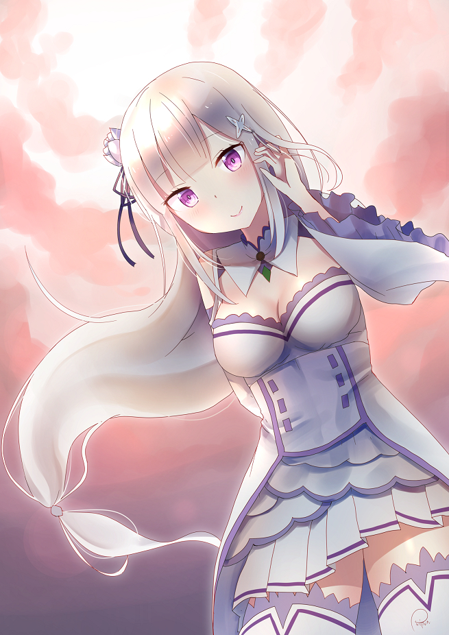 blush dress emilia_(re:zero) grey_hair long_hair purple_eyes re:zero_kara_hajimeru_isekai_seikatsu smile