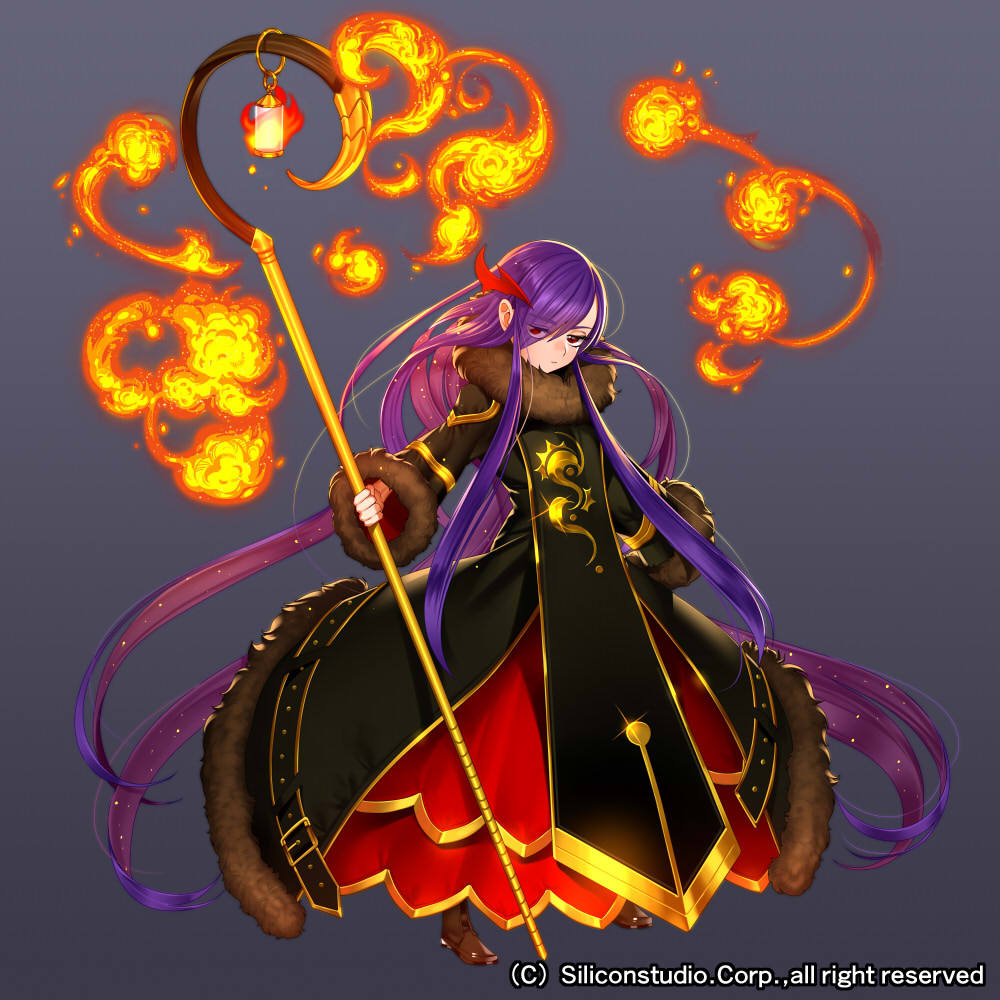 1girl airspace company_name fire full_body fur_trim grey_background gyakushuu_no_fantasica hair_ornament lamp long_hair official_art purple_hair red_eyes solo sparkle staff very_long_hair