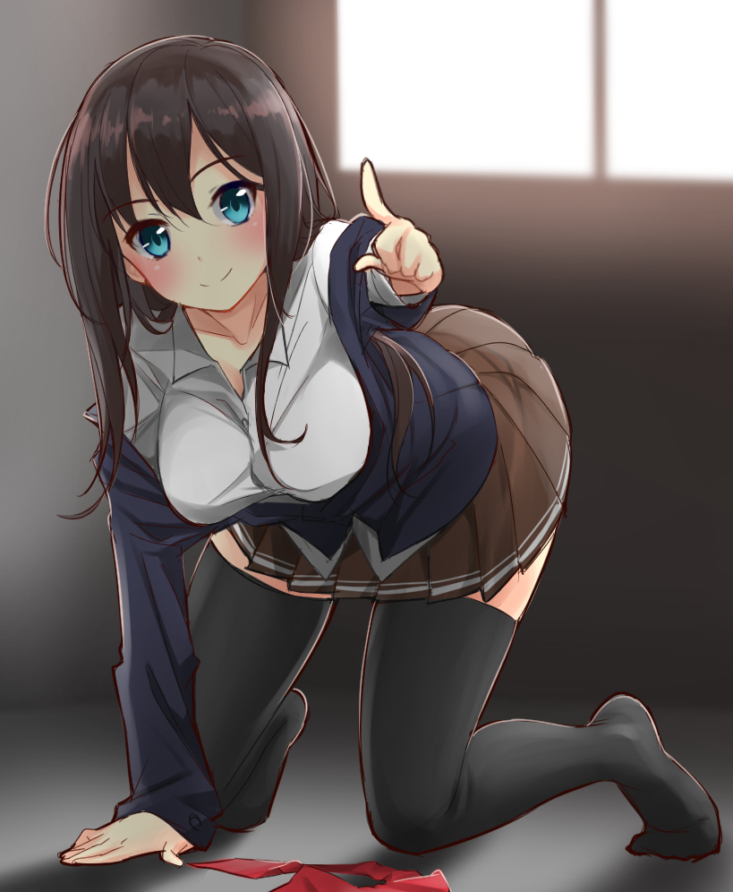 1girl all_fours bangs black_legwear blazer blue_eyes blush breasts brown_hair brown_skirt closed_mouth collarbone eyebrows_visible_through_hair foreshortening hair_between_eyes index_finger_raised indoors jacket jacket_pull large_breasts long_hair looking_at_viewer max_melon_teitoku neckerchief neckerchief_removed no_shoes original pleated_skirt pointing pointing_at_viewer red_neckerchief school_uniform shadow skirt smile solo thigh-highs window zettai_ryouiki