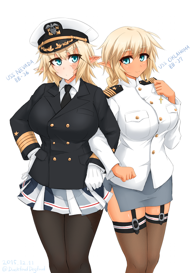 2girls ahoge blonde_hair blue_eyes blue_jacket blush braid breasts burn_scar buttons cross cross_necklace dakku_(ogitsune) english garter_straps gloves hair_between_eyes hat holding_necklace jacket jewelry large_breasts locked_arms long_hair looking_at_viewer military military_jacket military_uniform miniskirt multiple_girls necklace necktie original pantyhose peaked_cap personification pointy_ears scar skirt smile tan thigh-highs uniform uss_nevada_(bb-36) uss_oklahoma_(bb-37) white_jacket