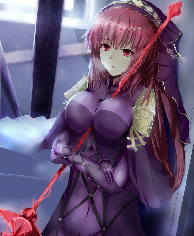 1girl armor bangs bodysuit breasts covered_navel dual_wielding fate/grand_order fate_(series) gae_bolg hair_between_eyes holding holding_weapon jewelry large_breasts long_hair looking_at_viewer pauldrons polearm purple_bodysuit purple_hair red_eyes scathach_(fate/grand_order) shoulder_armor smile solo spear steru_(nnsterus) weapon