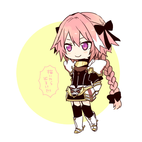 1boy black_legwear blush braid cape chibi fang fate/apocrypha fate_(series) garter_straps hair_ribbon kanitama_(putyourhead) long_hair lowres male_focus open_mouth pink_hair ribbon rider_of_black simple_background single_braid smile solo thigh-highs trap violet_eyes