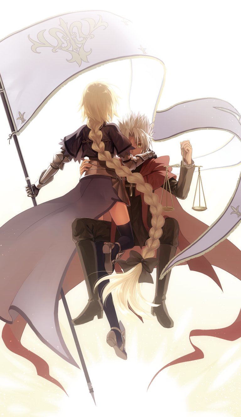 1boy 1girl armor ass back balance_scale blonde_hair braid cape dark_skin fate/apocrypha fate_(series) flag full_body highres kotomine_shirou long_hair looking_at_viewer nyakelap ruler_(fate/apocrypha) thigh-highs weighing_scale white_hair