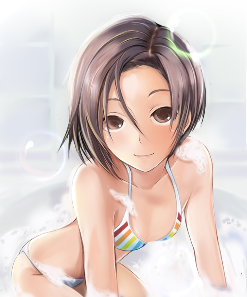 1girl bikini black_hair bob_cut breasts brown_eyes bubble kobayakawa_rinko love_plus nannacy7 official_style short_hair small_breasts soap solo swimsuit