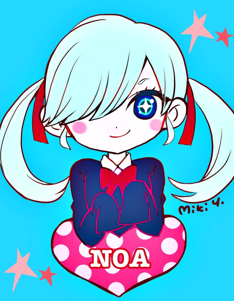 1girl bangs blue_background blue_eyes blue_hair blush_stickers bow bowtie character_name commentary_request female hair_over_one_eye hair_ribbon heart looking_at_viewer red_bow red_bowtie red_ribbon ribbon school_uniform signature simple_background sleeves_past_wrists smile solo sparkling_eyes star swept_bangs takigawa_noa upper_body yamada-kun_to_7-nin_no_majo yoshikawa_miki