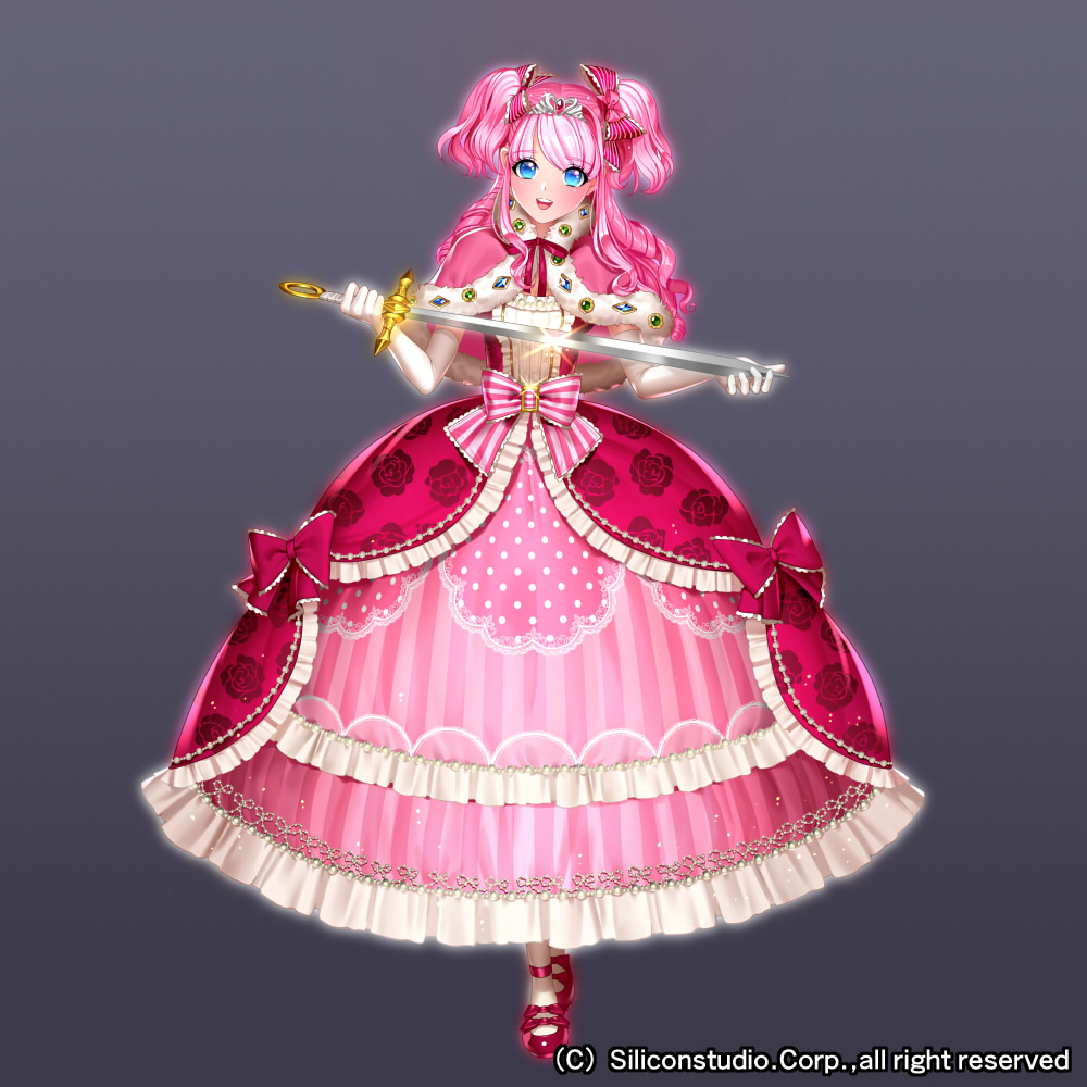 1girl airspace blue_eyes bow capelet company_name drill_hair full_body fur_trim gem gloves grey_background gyakushuu_no_fantasica long_hair official_art open_mouth pink_hair solo sparkle sword teeth tiara twintails weapon