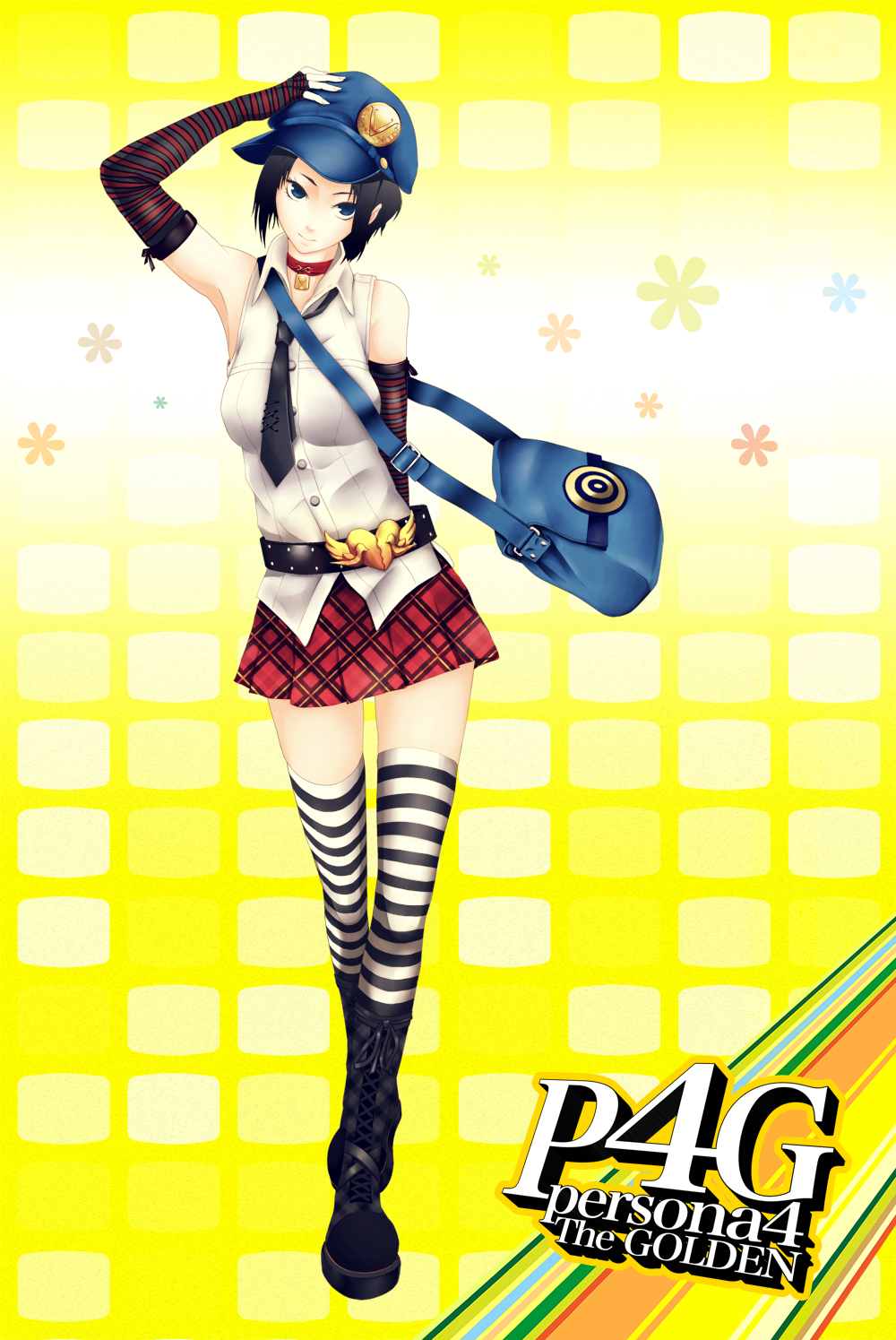 1girl bag belt belt_buckle black_hair blue_eyes boots buckle choker elbow_gloves gloves hat highres infinote knee_boots marie_(persona_4) messenger_bag miniskirt necktie persona persona_4 persona_4_the_golden plaid plaid_skirt pleated_skirt shirt short_hair shoulder_bag skirt sleeveless sleeveless_shirt solo striped striped_gloves striped_legwear thigh-highs zettai_ryouiki