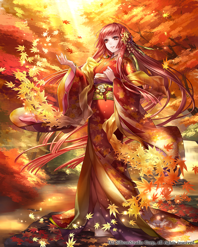 1girl akkrs bow brown_eyes company_name full_body gyakushuu_no_fantasica hair_ornament japanese_clothes kimono kokka_han leaf long_hair official_art redhead solo sparkle teeth tree water