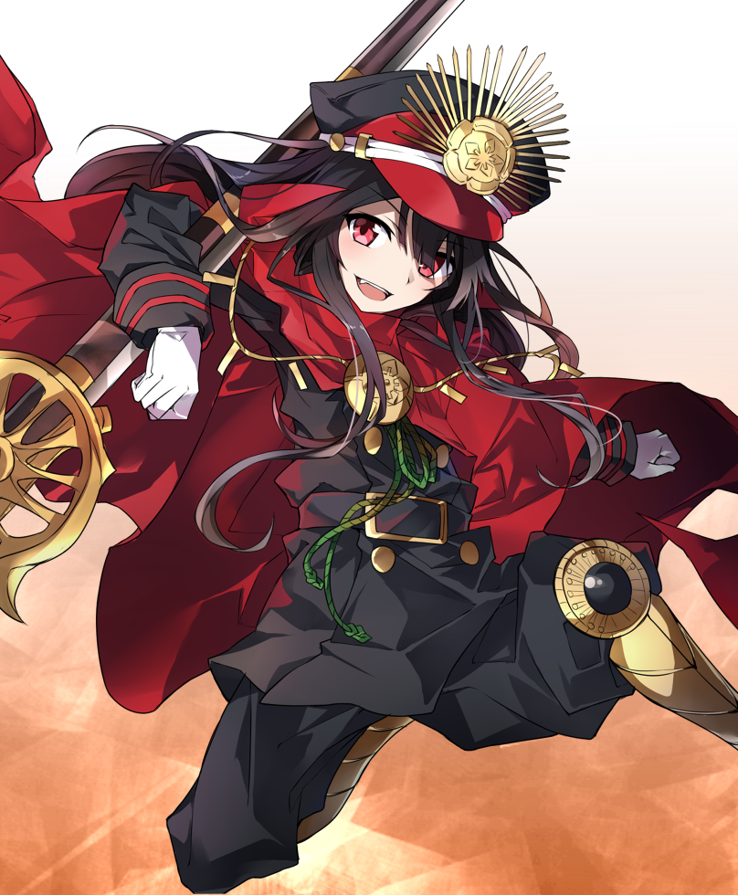 &gt;:d 1girl :d black_hair black_pants black_shirt cape demon_archer fang fate/grand_order fate_(series) gloves gun hat holding holding_gun holding_weapon long_hair long_sleeves military military_hat military_uniform musket open_mouth pants peaked_cap red_eyes shirt sidelocks smile solo tsuedzu uniform weapon white_gloves