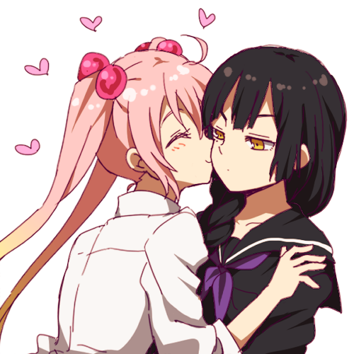 2girls akasata black_hair cheek_kiss closed_eyes couple heart kiss long_hair lowres multiple_girls original pink_hair school_uniform smile twintails upper_body yellow_eyes yuri