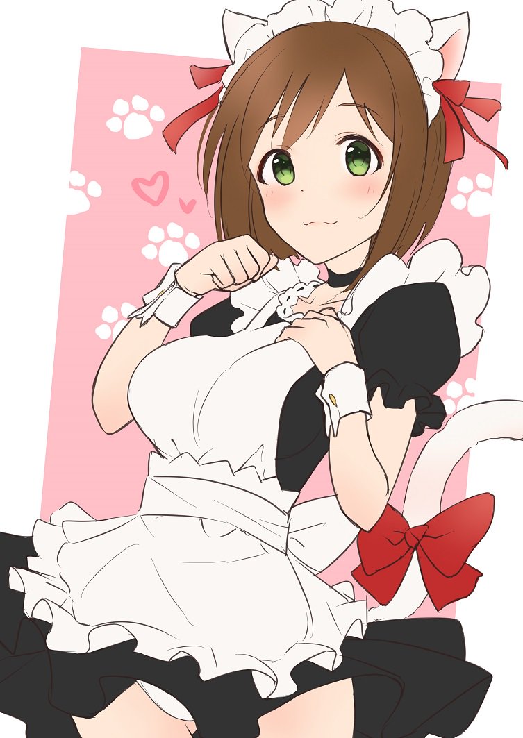 1girl animal_ears apron black_dress blush bow breasts brown_hair cat_ears cat_tail choker commentary_request dress frilled_apron frilled_dress frills green_eyes hair_ribbon hand_on_own_chest heart idolmaster idolmaster_cinderella_girls maekawa_miku maid maid_apron maid_headdress paw_print pink_background red_bow ribbon sash short_hair smile tail takeya_y0615 wrist_cuffs