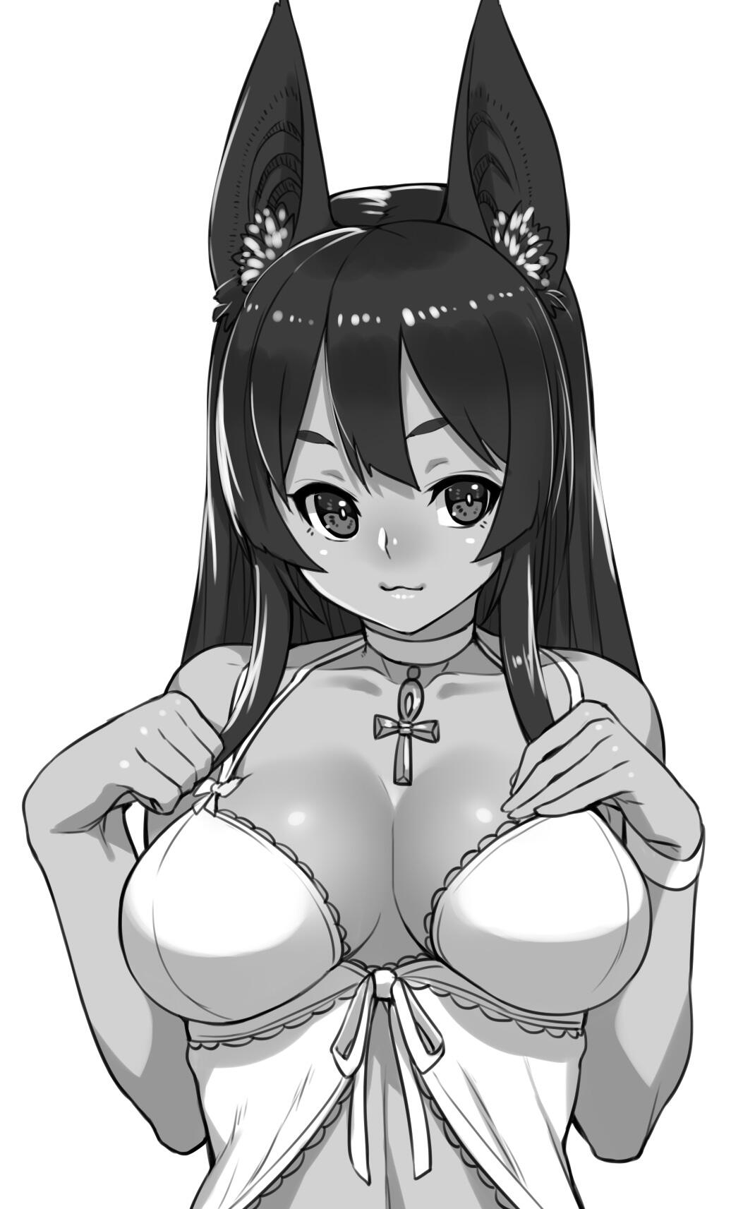 1girl :3 animal_ears ankh anubis_(houtengeki) babydoll bare_shoulders breasts choker cleavage highres houtengeki large_breasts long_hair monochrome original simple_background smile solo upper_body white_background wristband