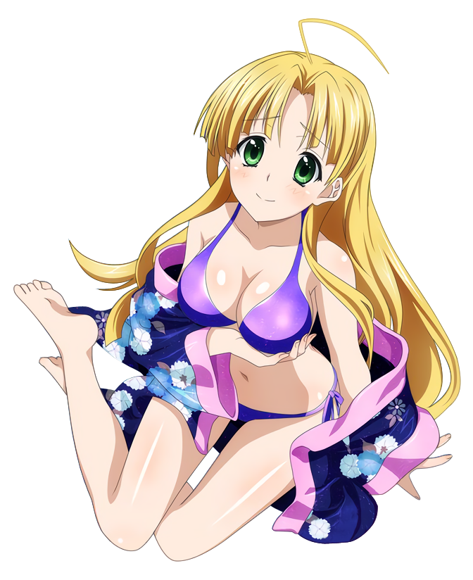1girl ahoge asia_argento barefoot bikini blonde_hair blush breast_hold breasts cleavage collarbone eyebrows_visible_through_hair from_above green_eyes high_school_dxd japanese_clothes kimono long_hair looking_at_viewer looking_up medium_breasts midriff navel open_clothes open_kimono purple_bikini shiny shiny_skin side-tie_bikini sitting smile solo stomach swimsuit transparent_background very_long_hair
