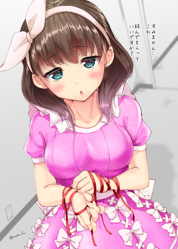 1girl blue_eyes blush breasts brown_hair chestnut_mouth hairband idolmaster idolmaster_cinderella_girls looking_at_viewer mokufuu ribbon sakuma_mayu short_hair signature solo translated twitter_username