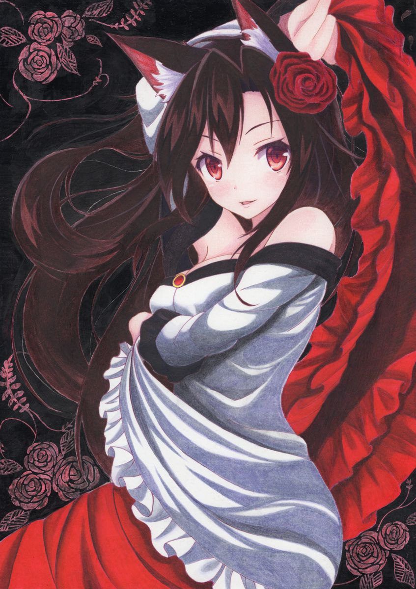 1girl animal_ears arm_over_head bangs bare_shoulders black_background breast_hold breasts brooch brown_hair dress flower hair_flower hair_ornament highres imaizumi_kagerou jewelry kittona long_sleeves looking_at_viewer parted_bangs parted_lips red_eyes rose smile solo touhou traditional_media watercolor_pencil_(medium) wolf_ears