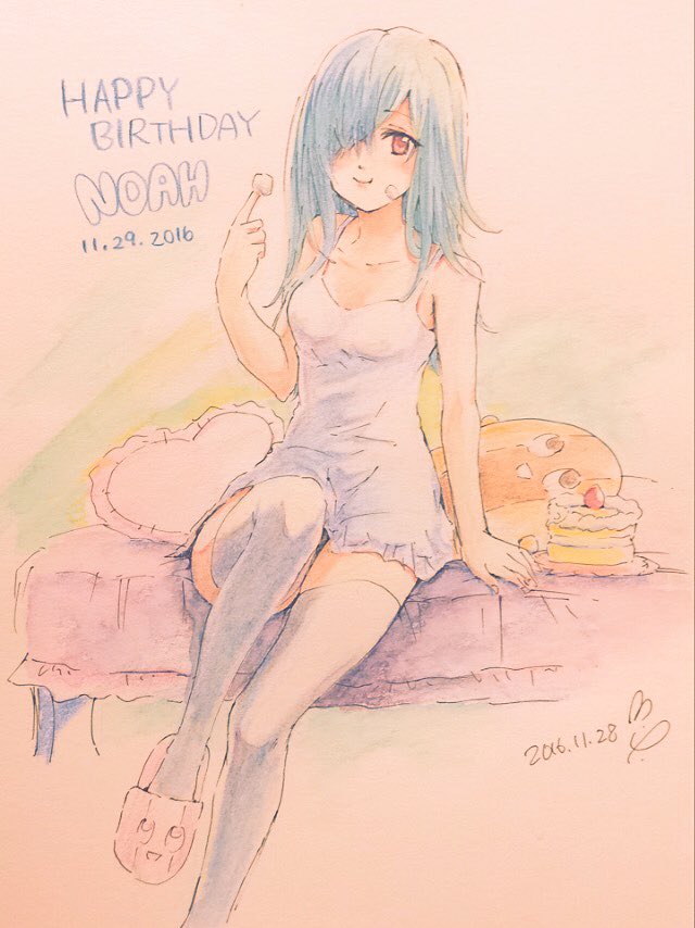 1girl bangs blue_hair cake camisole character_name commentary_request cream cream_on_face dated female food food_on_face food_on_finger frilled_pillow frills hair_down hair_over_one_eye happy_birthday heart heart_pillow long_hair looking_at_viewer photo pillow red_eyes signature sitting slice_of_cake slippers smile solo stuffed_toy swept_bangs takigawa_noa thigh-highs traditional_media yamada-kun_to_7-nin_no_majo yoshikawa_miki