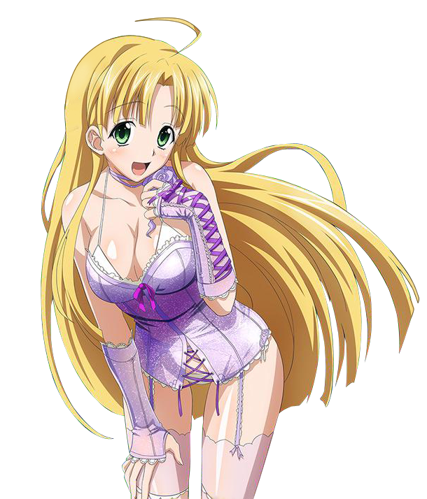 1girl :d ahoge asia_argento blonde_hair bra breasts choker cleavage collarbone cowboy_shot detached_sleeves eyebrows_visible_through_hair floating_hair garter_straps green_eyes hand_on_lap high_school_dxd large_breasts leaning_forward long_hair looking_at_viewer open_mouth panties pink_legwear purple_flower purple_ribbon ribbon ribbon_choker shiny shiny_clothes shiny_skin smile solo standing thigh-highs transparent_background underwear very_long_hair white_bra white_panties