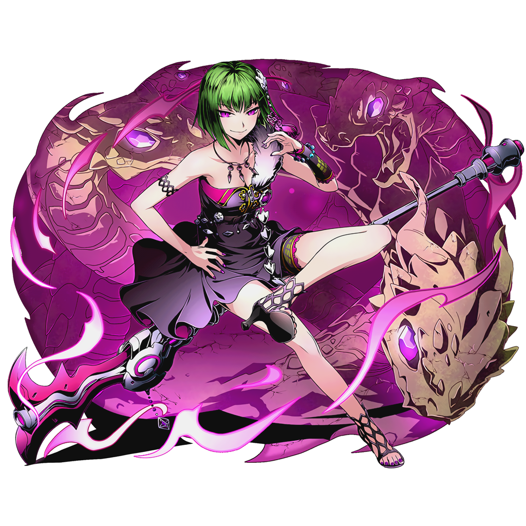 1girl breasts cleavage collarbone divine_gate dress eyebrows_visible_through_hair full_body green_hair hair_ornament hand_on_hip high_heels looking_at_viewer medium_breasts naaga_(shinsei_sekai_hyougi_kai) nail_polish official_art purple_nails shinsei_sekai_hyougi_kai short_hair sleeveless sleeveless_dress smile solo toenail_polish transparent_background ucmm violet_eyes