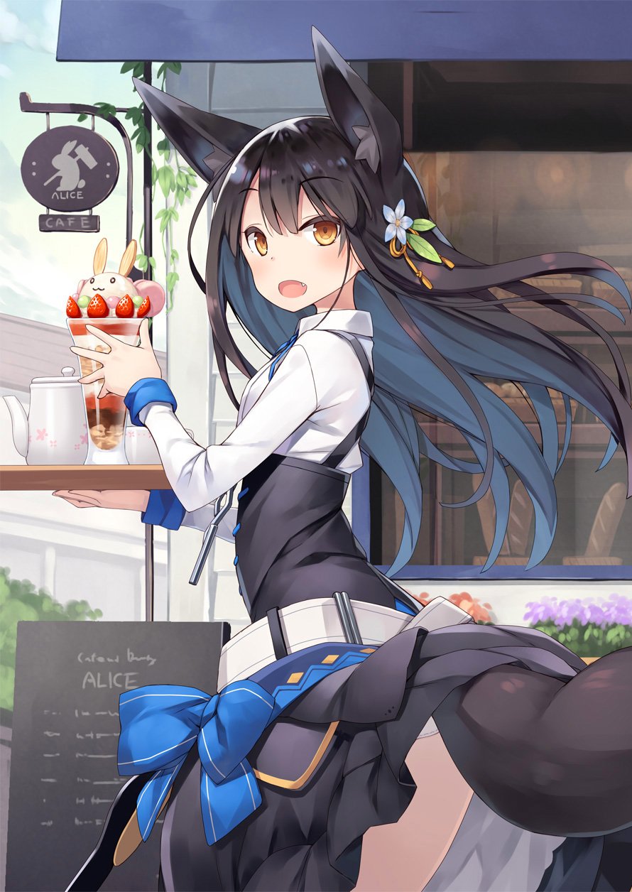 1girl animal_ears bangs black_hair bow bread cafe chalkboard commentary cowboy_shot cup eyebrows_visible_through_hair fang flower food fox_ears fox_tail from_side fruit hair_flower hair_ornament highres holding holding_tray kuromitsu_nene lifted_by_self long_hair long_sleeves looking_at_viewer looking_back open_mouth original outdoors parfait poco_(asahi_age) ribbon shirt sign skirt skirt_lift solo standing strawberry tail tray waitress white_shirt wing_collar yellow_eyes