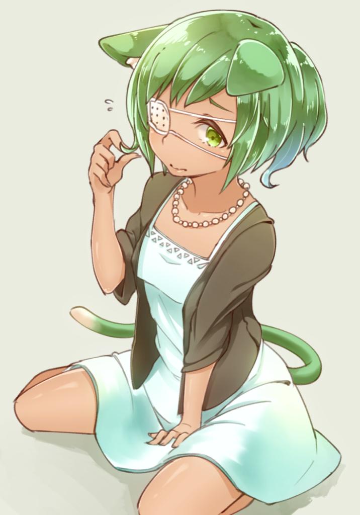1girl animal_ears cat_ears cat_tail collarbone dark_skin downscaled dress eyepatch flying_sweatdrops green_eyes green_hair jewelry kemonomimi_mode md5_mismatch mootor mutsuki_tooru necklace pearl_necklace resized short_hair sitting solo tail tokyo_ghoul tokyo_ghoul:re