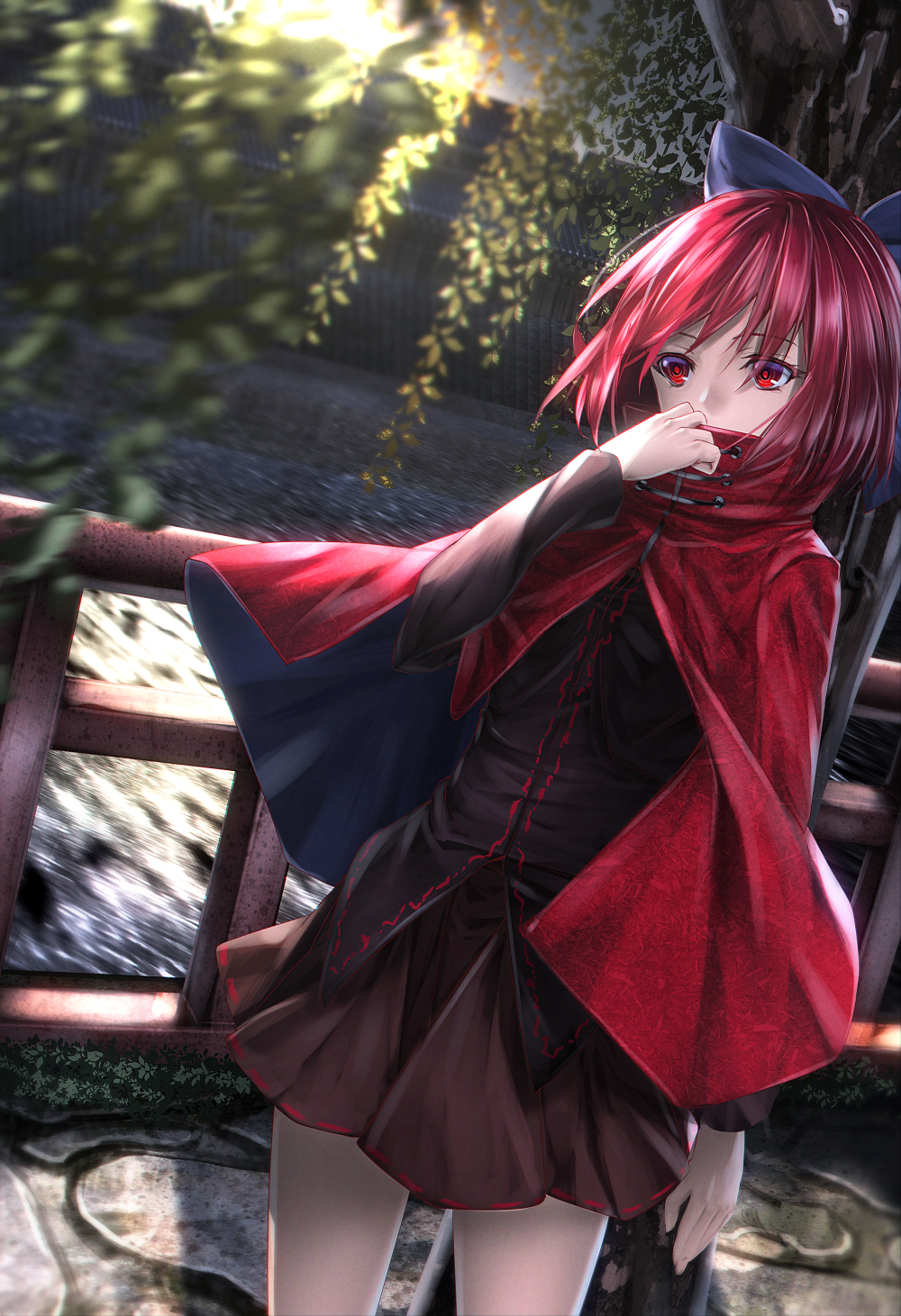 1girl arm_at_side bangs black_blouse blouse blurry bow brown_skirt building cape cloak cowboy_shot depth_of_field fence hair_bow hand_to_own_mouth high_collar highres long_sleeves looking_afar miniskirt outdoors railing red_eyes redhead revision ryosios sekibanki shirt short_hair skirt solo sunlight touhou tree water willow