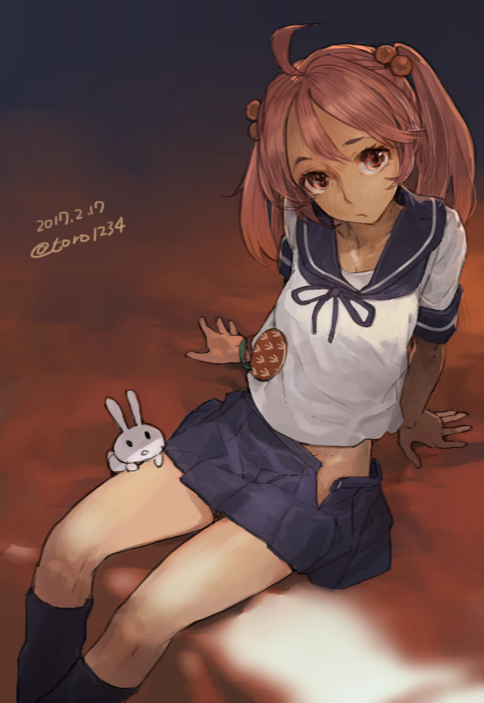 1girl arm_support badge dated frilled_skirt frills hair_bobbles hair_ornament highres kantai_collection kneehighs looking_at_viewer no_panties pink_eyes pink_hair rabbit sazanami_(kantai_collection) school_uniform serafuku short_hair sitting skirt solo thighs toro_(konirio) twintails twitter_username unclasped