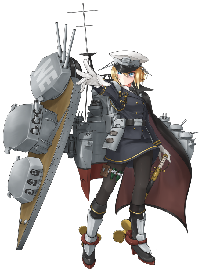 1girl anchor black_cape blonde_hair blue_eyes blue_jacket blue_skirt boots buttons cape full_body gamyuu_(gamyu) gloves hat hms_nelson jacket kantai_collection machinery mecha_musume military military_jacket military_uniform necktie original pantyhose peaked_cap pouch propeller rigging scabbard sheath shell short_hair skirt solo sword turret uniform weapon white_gloves