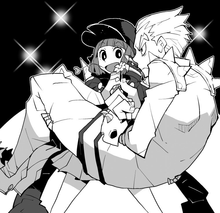 1boy 1girl carrying dowman_sayman flower frown gamagoori_ira greyscale hands_in_pockets hat jacket jacket_on_shoulders kill_la_kill mankanshoku_mako monochrome open_mouth princess_carry school_uniform short_hair size_difference skirt smile spikes