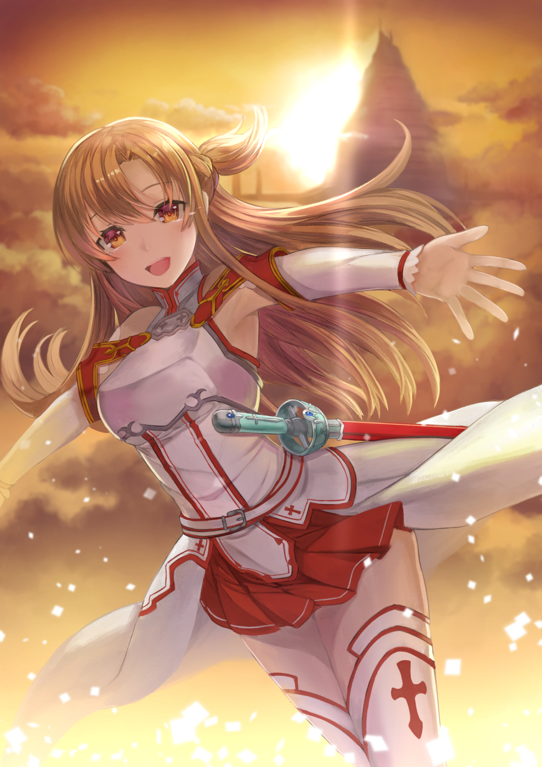 1girl :d asuna_(sao) brown_eyes brown_hair detached_sleeves highres long_hair looking_at_viewer mizya open_mouth outstretched_arms red_skirt skirt smile solo sunset sword sword_art_online tears thigh-highs weapon white_legwear