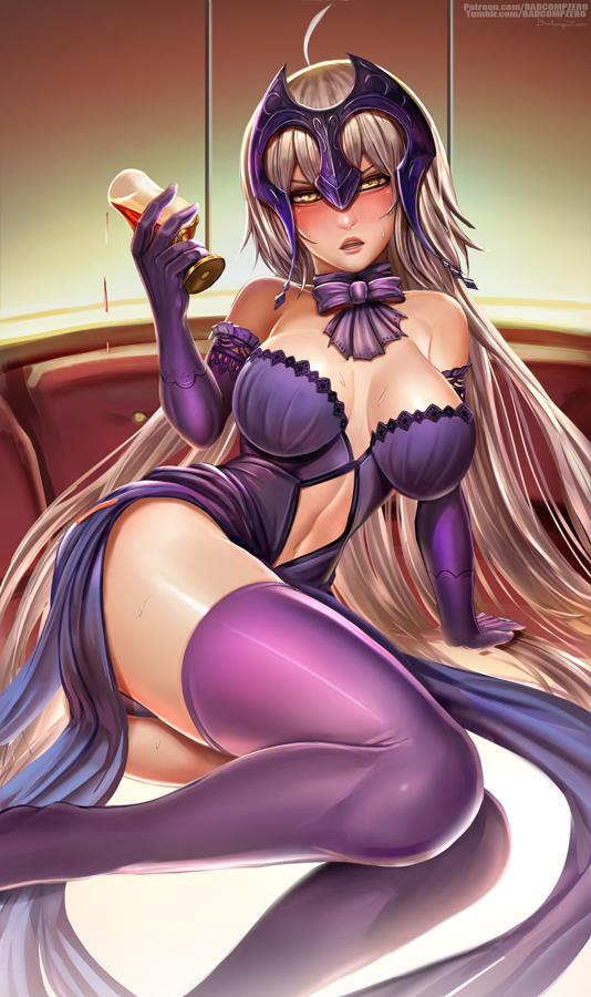 1girl ahoge armor badcompzero bare_shoulders blush cup drinking_glass drunk elbow_gloves fate/grand_order fate_(series) gloves headpiece jeanne_alter legs long_hair looking_at_viewer open_mouth purple_legwear ruler_(fate/apocrypha) sitting solo sweat thigh-highs wine_glass yellow_eyes