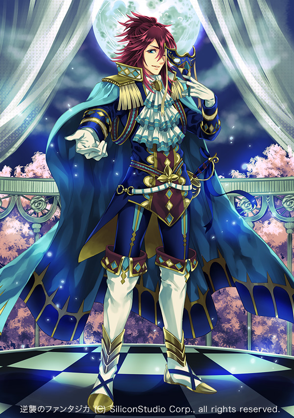 1boy blue_eyes boots cape cherry_blossoms company_name curtains epaulettes full_body gloves gyakushuu_no_fantasica long_hair male_focus mask mask_removed moon night official_art one_eye_closed pink_hair solo sword teeth tree weapon