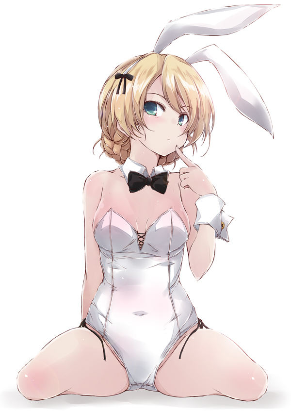 1girl animal_ears blonde_hair blue_eyes braid breasts bunny_girl bunnysuit covered_navel darjeeling detached_collar fake_animal_ears finger_to_mouth girls_und_panzer looking_at_viewer rabbit_ears short_hair simple_background sitting solo tied_hair wariza white_background wrist_cuffs yumesato_makura