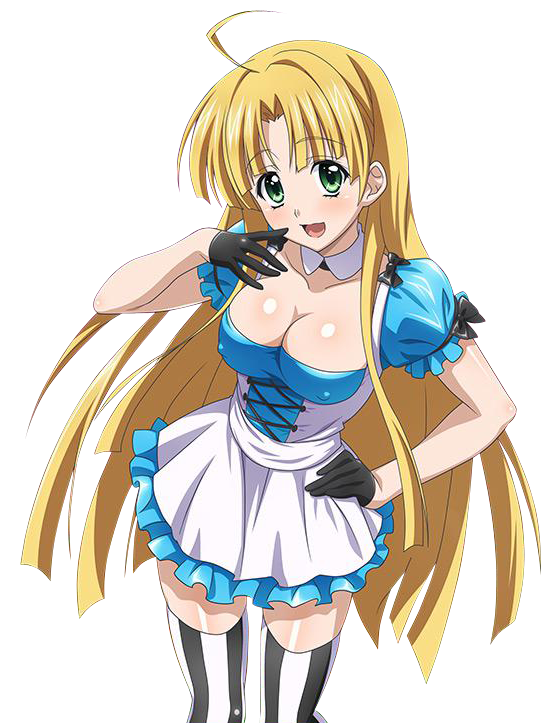 1girl :d ahoge apron asia_argento black_gloves blonde_hair blue_dress blush breasts choker cleavage collarbone dress eyebrows_visible_through_hair gloves green_eyes hand_on_hip head_tilt high_school_dxd long_hair looking_at_viewer medium_breasts open_mouth shiny shiny_skin short_sleeves smile solo standing striped striped_legwear thigh-highs transparent_background very_long_hair zettai_ryouiki