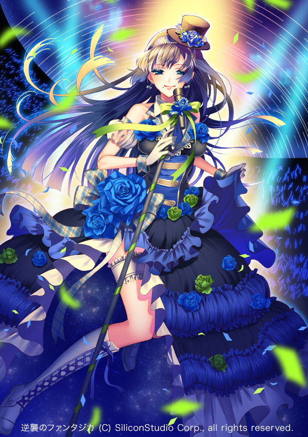 1girl blue_eyes blue_hair boots company_name earrings flower full_body gloves gyakushuu_no_fantasica hairband hat jewelry long_hair microphone microphone_stand mole mole_under_mouth official_art rose solo