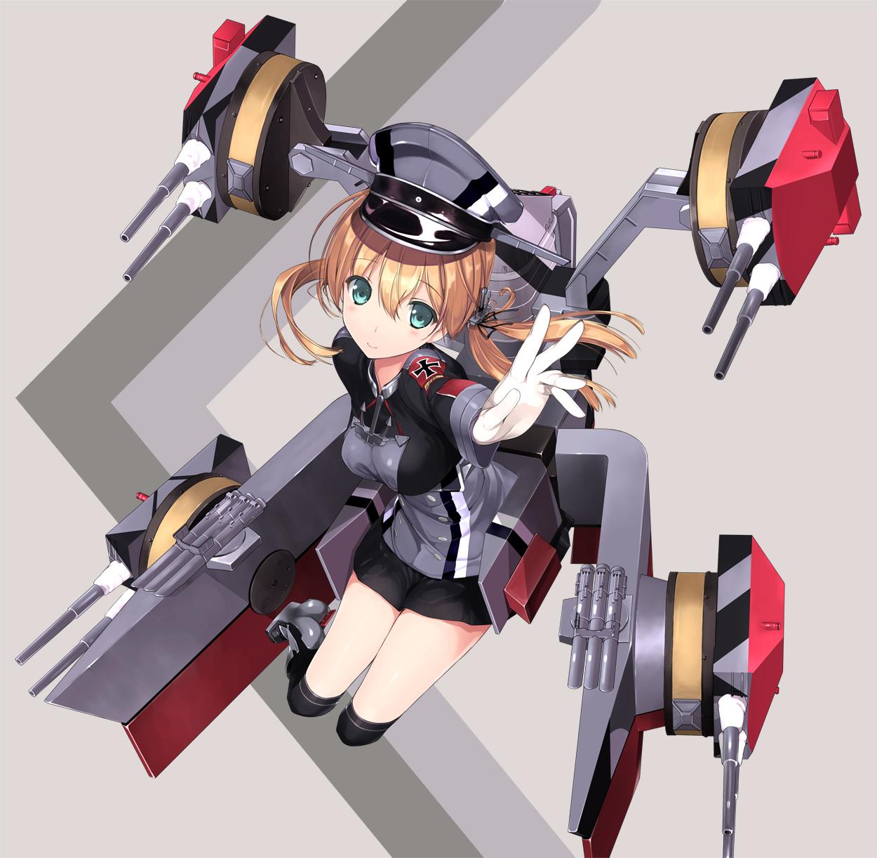 1girl black_legwear black_skirt blonde_hair blue_eyes blush gloves hat highres iron_cross kantai_collection kneehighs long_hair long_sleeves machinery military military_uniform naruse_hirofumi outstretched_arm peaked_cap prinz_eugen_(kantai_collection) skirt smile solo turret twintails uniform white_gloves