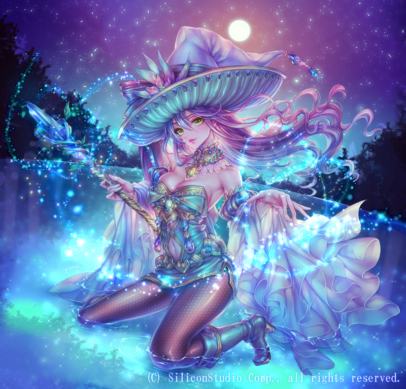 1girl bare_shoulders boots breasts cleavage company_name flower full_body green_eyes gyakushuu_no_fantasica hat jewelry leaf long_hair moon navel necklace night official_art panties pink_skin purple_hair sitting solo sparkle staff tree underwear water witch_hat