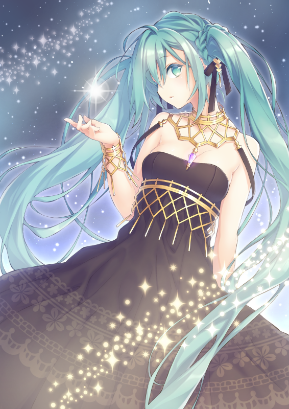 1girl alternate_costume aqua_eyes aqua_hair black_dress braid dress hatsune_miku long_hair shito_(ash_shito) solo twintails very_long_hair vocaloid