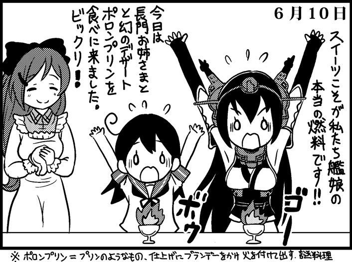 3girls :o ahoge apron armpits arms_up black_hair burning closed_eyes comic cup dated elbow_gloves fingerless_gloves fire flying_sweatdrops frilled_apron frills gloves greyscale hair_ornament hair_ribbon headgear kantai_collection long_hair mamiya_(kantai_collection) midriff monochrome multiple_girls nagato_(kantai_collection) neck_ribbon otoufu outstretched_arms outstretched_hand ribbon school_uniform serafuku smile translated ushio_(kantai_collection) wavy_mouth