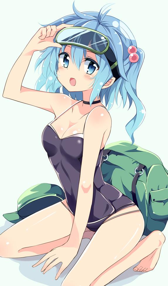 1girl alternate_costume backpack bag bare_shoulders black_swimsuit blue_eyes blue_hair breasts choker cleavage goggles goggles_on_head hair_bobbles hair_ornament hat hat_removed headwear_removed kawashiro_nitori long_hair looking_at_viewer maturiuta_sorato medium_breasts one-piece_swimsuit open_mouth solo swimsuit touhou two_side_up