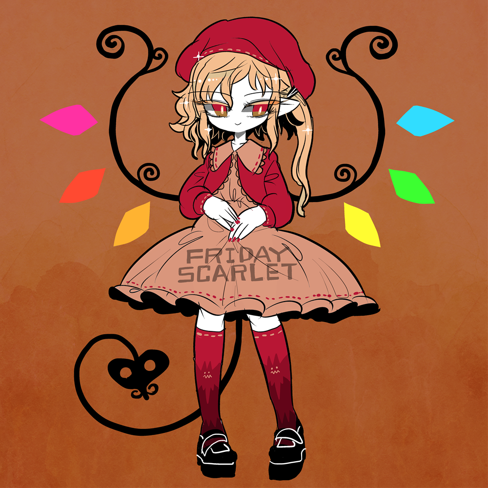 1girl alternate_costume bangs black_shoes blonde_hair brown_background brown_eyes colored_eyelashes dress eyes_visible_through_hair flandre_scarlet frilled_shirt_collar frills full_body gradient_eyes gradient_legwear half-closed_eyes laevatein_(tail) long_ponytail long_sleeves looking_to_the_side multicolored multicolored_eyes nail_polish pink_legwear purple_legwear red_eyes red_nails red_shirt ribbon-trimmed_collar ribbon-trimmed_legwear ribbon_trim shirt shoes short_dress side_ponytail sidelocks smile solo tail touhou wings yt_(wai-tei)