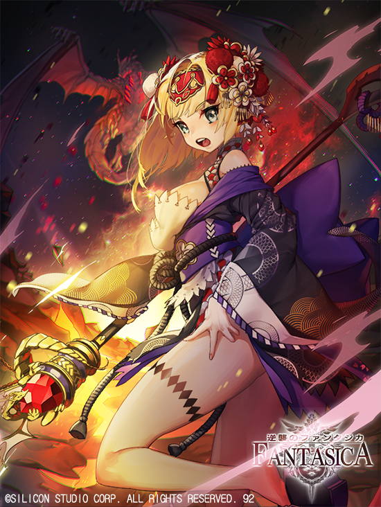 1girl artist_name blonde_hair bow breasts cleavage company_name copyright_name dragon fire flower full_body green_eyes gyakushuu_no_fantasica hair_flower hair_ornament japanese_clothes official_art open_mouth sandals solo staff teeth thigh-highs yamijam