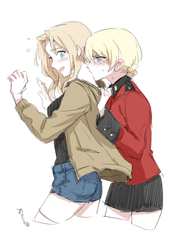 2girls bangs black_shirt black_skirt blonde_hair blue_eyes blue_shorts blush braid brown_jacket couple cropped_legs darjeeling denim denim_shorts flying_sweatdrops girls_und_panzer hair_intakes jacket jacket_pull kay_(girls_und_panzer) kiss long_hair long_sleeves looking_at_another military military_uniform miniskirt multiple_girls neck_kiss open_clothes open_jacket open_mouth pleated_skirt pulled_by_another red_jacket saunders_military_uniform shirt short_hair short_shorts shorts simple_background skirt smile soramame_(corndog) st._gloriana's_military_uniform sweatdrop thigh-highs tied_hair twin_braids uniform white_background white_legwear yuri