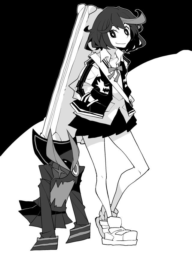 1girl dowman_sayman greyscale hands_in_pockets jacket kill_la_kill living_clothes matoi_ryuuko monochrome school_uniform senketsu short_hair skirt smile